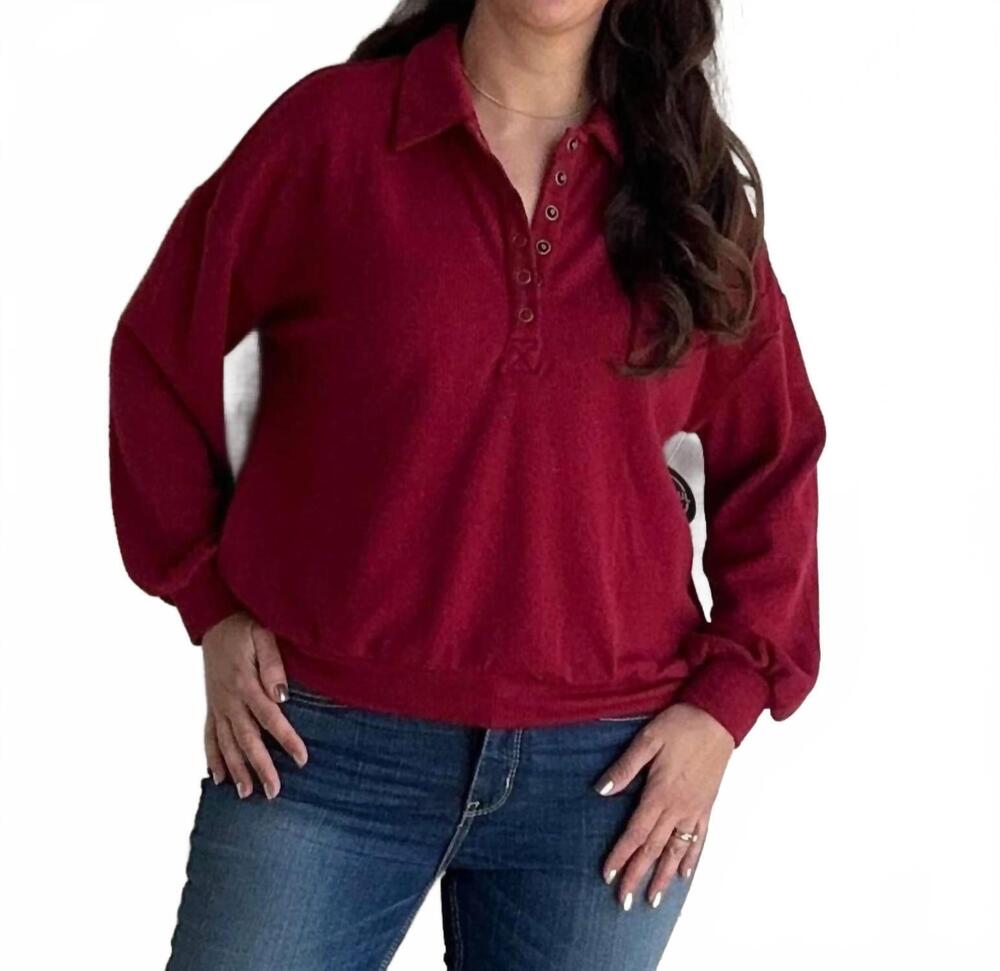 NEW BLU PEPPER collared half snap knit long sleeve sweatshirt in deep red